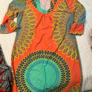 Aryeh Orange and Green 3/4 Bishop Sleeve Scoop Neck Dress